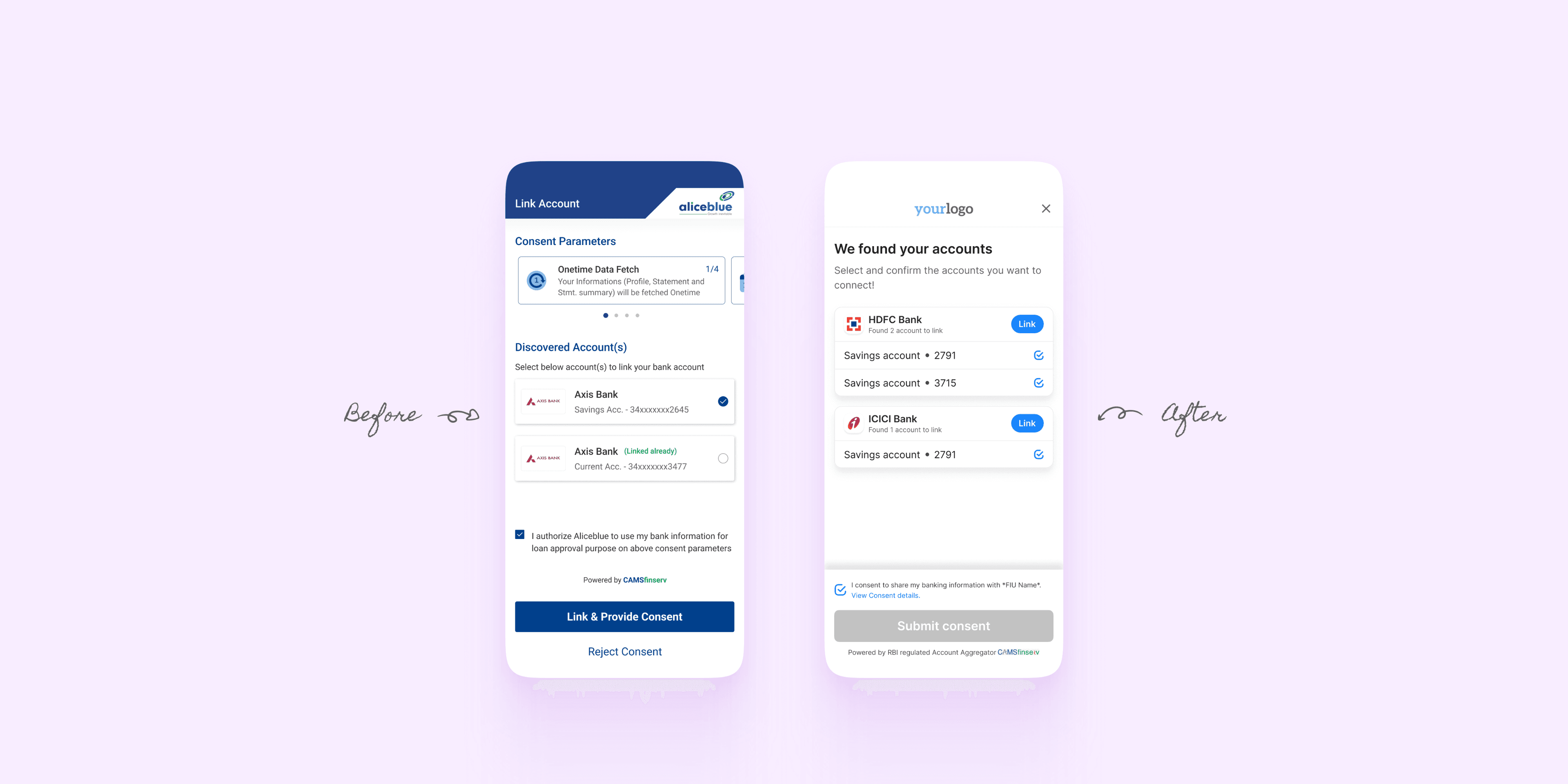 Before and after mobile screens for CAMSFinserv account aggregator consent journey