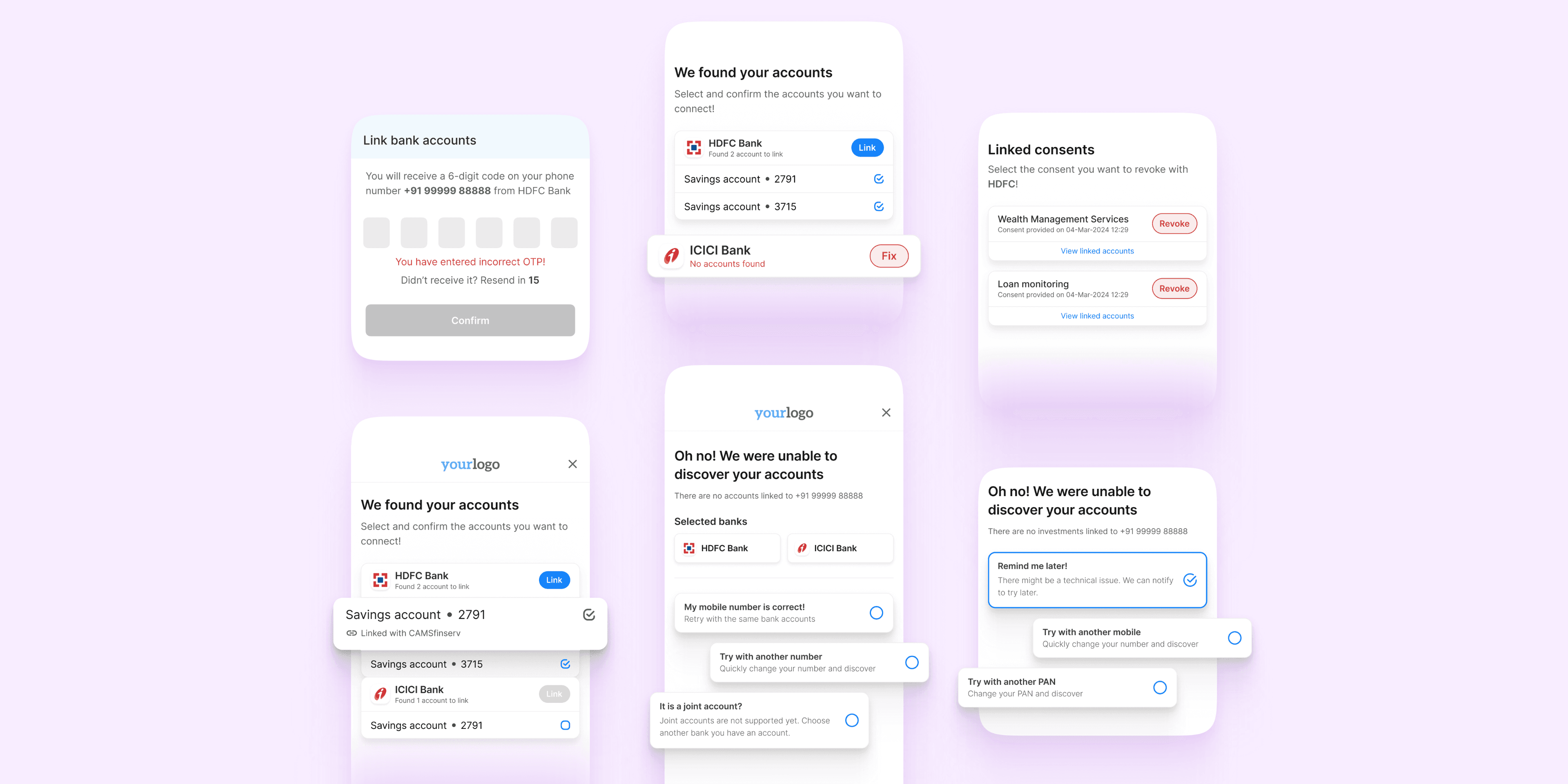 Detailed AA UI: bank selection, consent review, and confirmation patterns