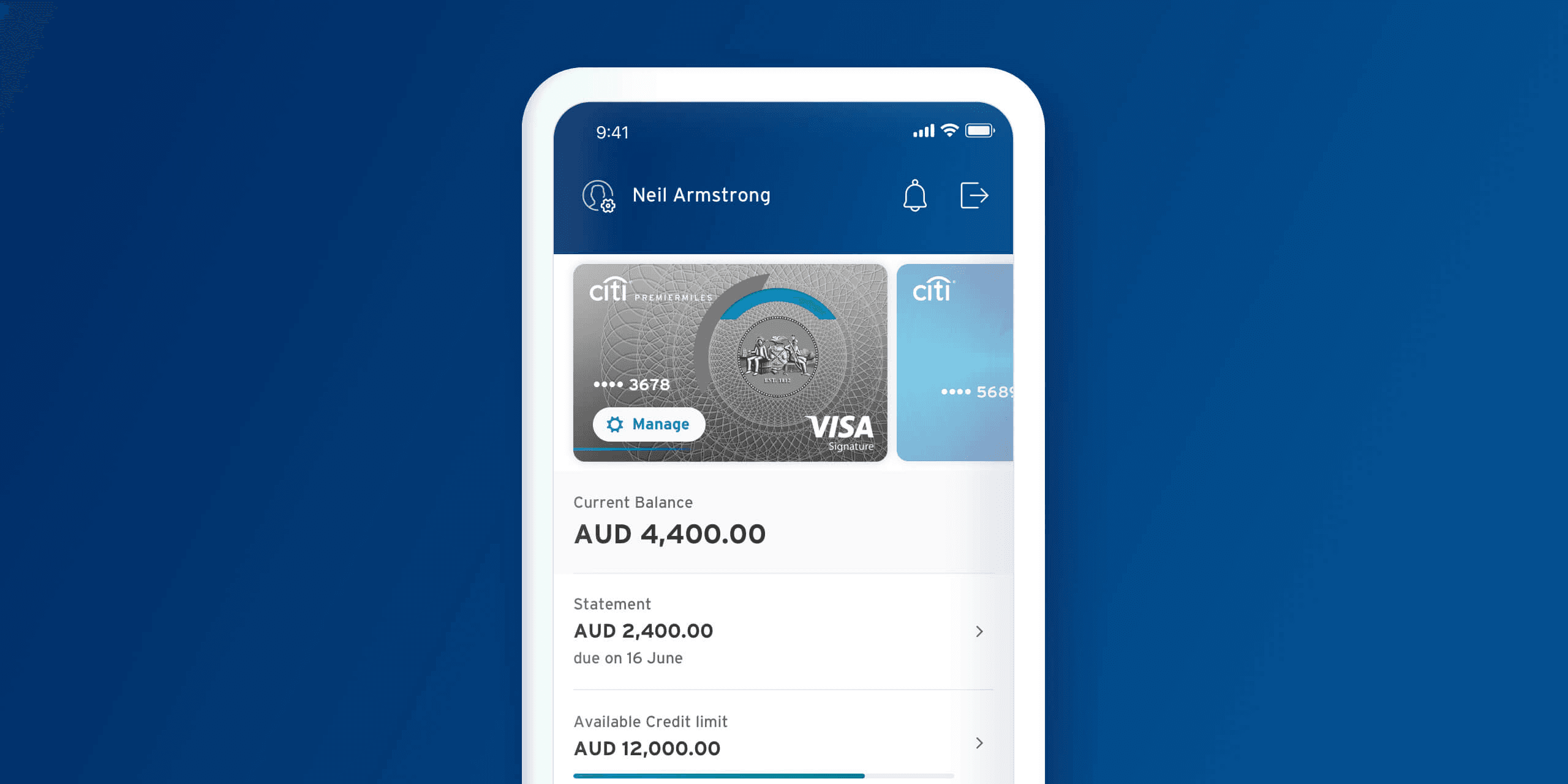 Citi mobile app hero with card and banking UI on a deep blue field