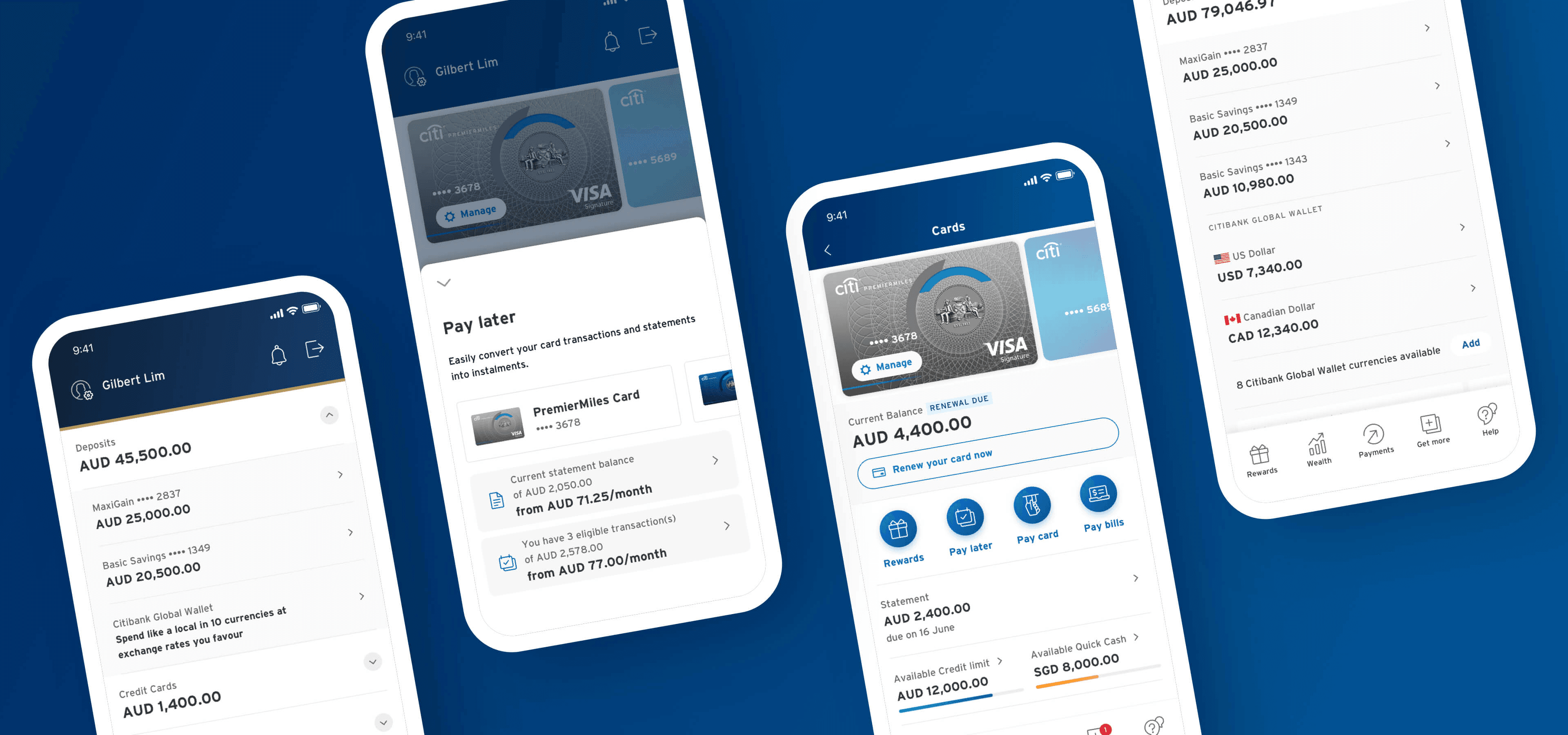 Citi mobile banking flows: account overview, payments, and card detail