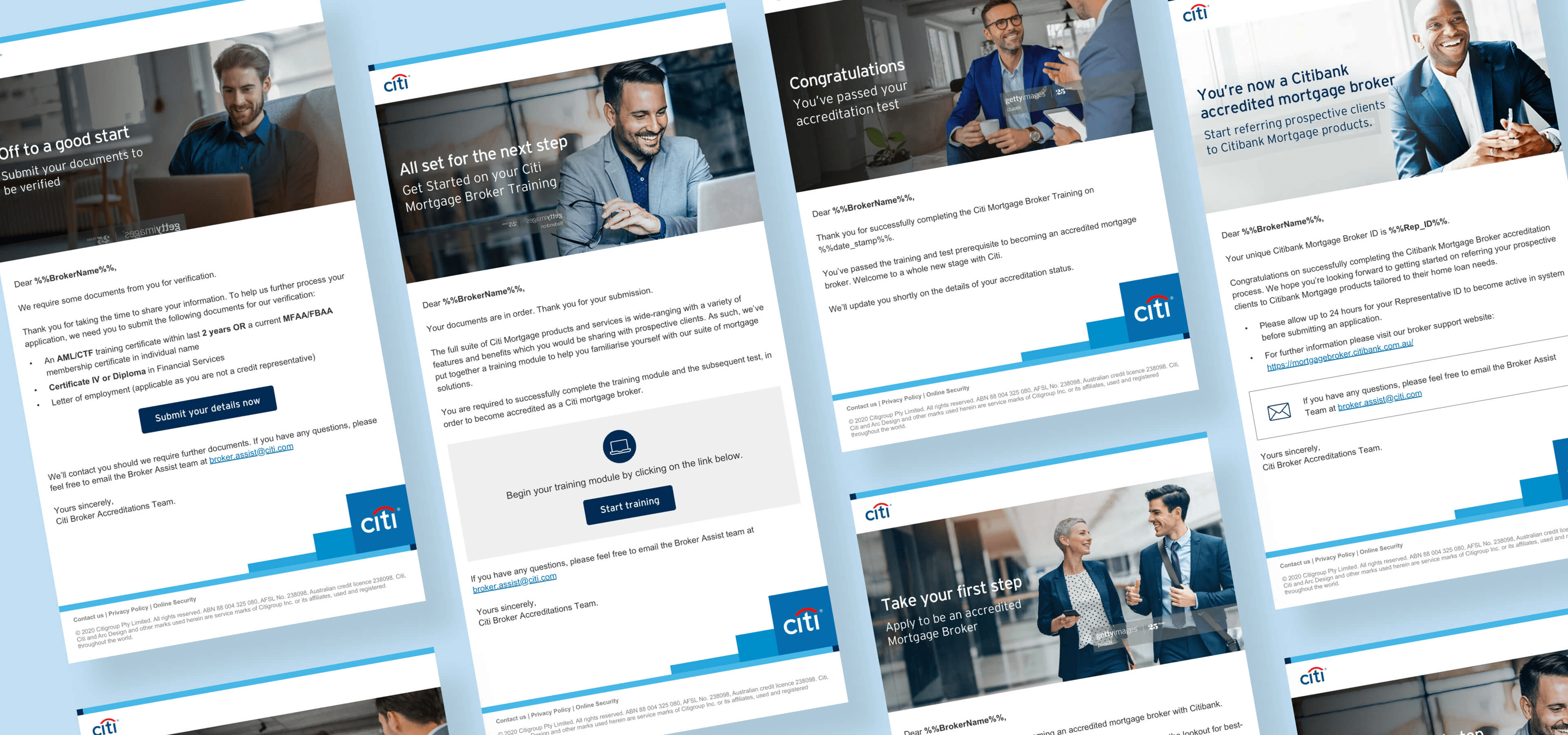 Broker portal communication journey: welcome, milestones, completion, and accreditation