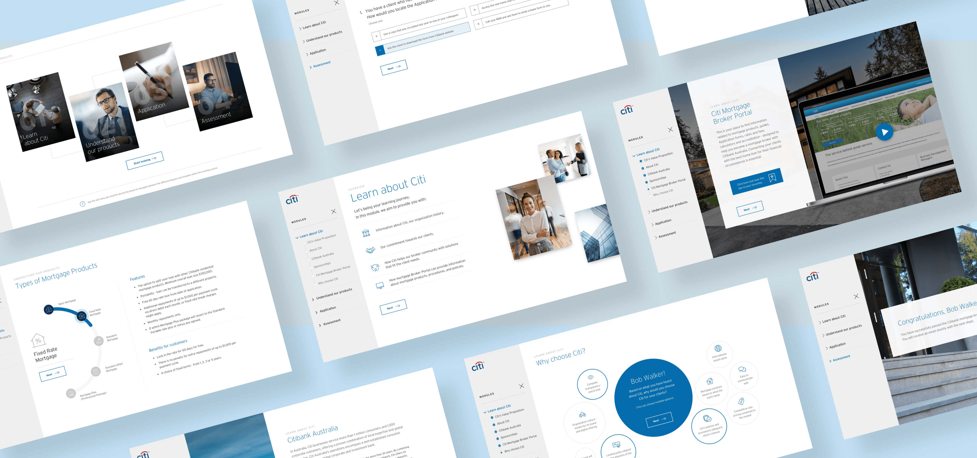 Modular broker onboarding screens: progress, lessons, and Citi programme overview