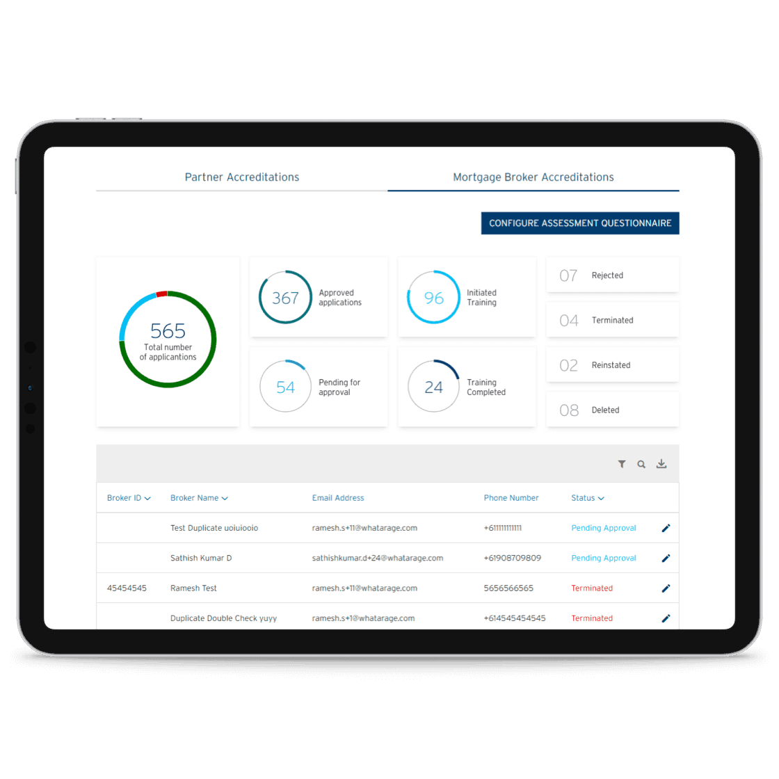 Broker onboarding tablet: progress dashboard with completion metrics