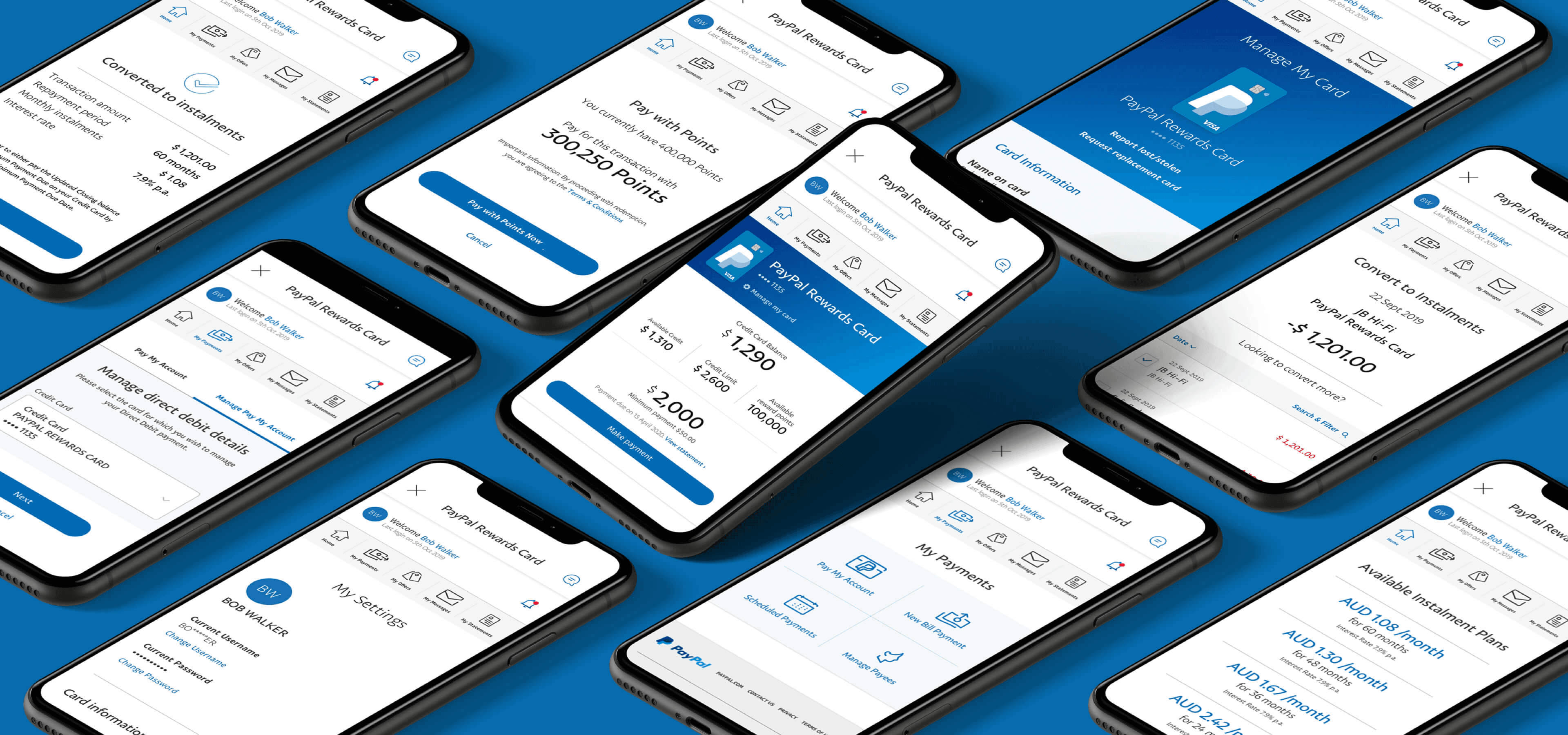 PayPal mobile app flows showing card, rewards, and transaction states